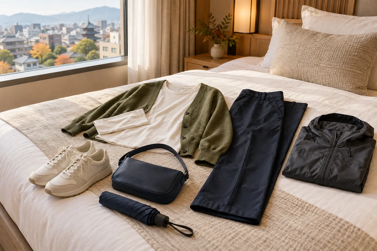 Conceptual October city outfit capsule on cream linen with ivory top, olive cardigan, navy trousers, walking shoes, charcoal rain shell and small bag