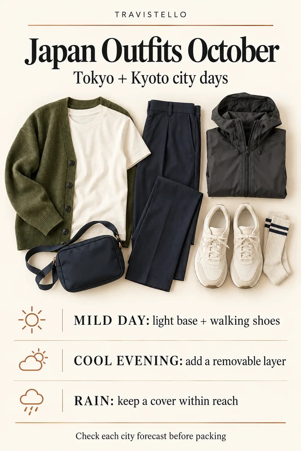 Japan outfits October checklist for mild city days, cool evenings and rain