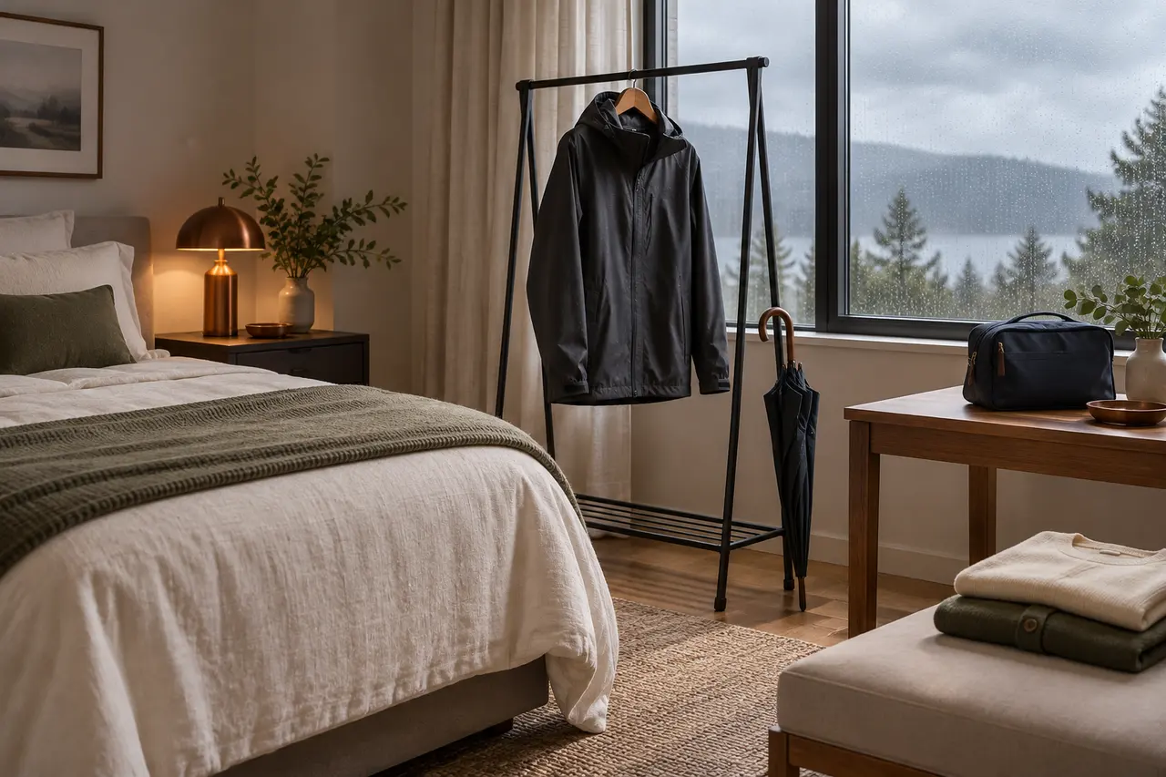 Conceptual guest room with rain shell on a drying rack apart from a dry bag and folded clean clothing