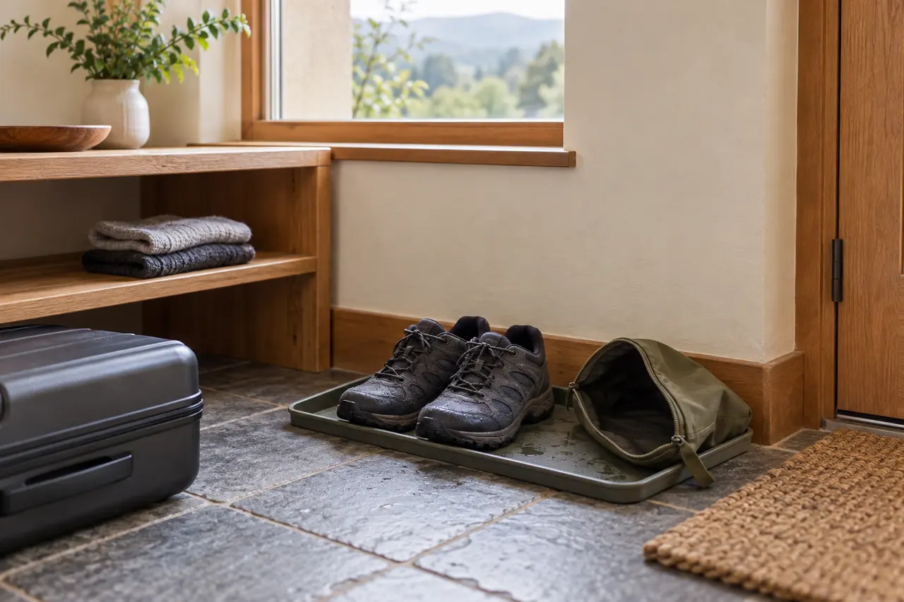 Conceptual guesthouse entry with damp shoes on a tray, an open empty pouch and dry socks stored apart