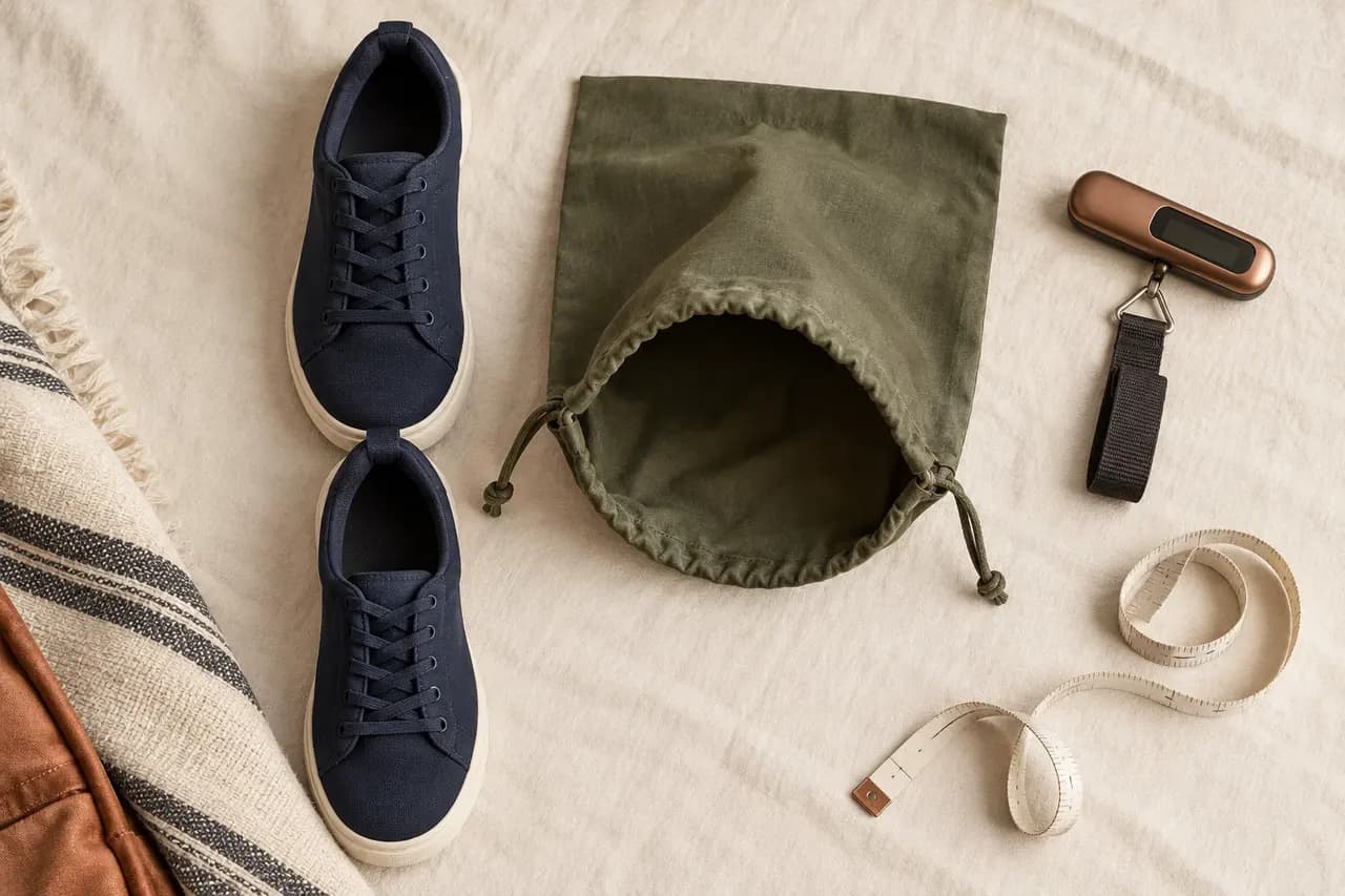 Conceptual layout of a pair of navy shoes, an open generic pouch, a blank scale and a measuring tape
