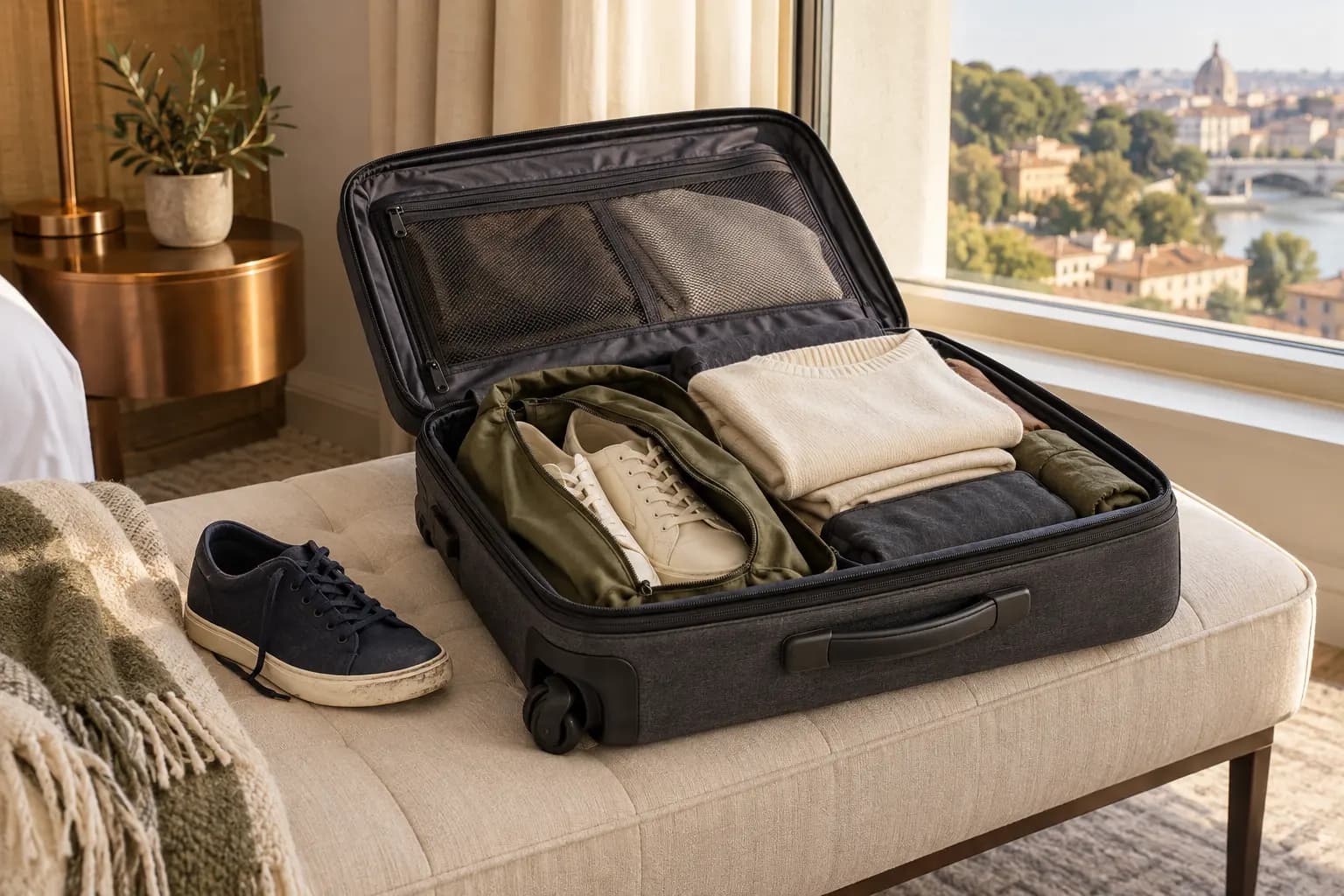 Conceptual carry-on packing scene with plain shoes in an olive pouch, folded clean clothes and a separate navy shoe