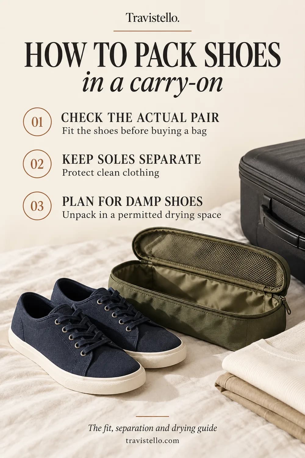 How to pack shoes in a carry-on checklist: actual pair fit, sole separation and a damp-shoe arrival plan