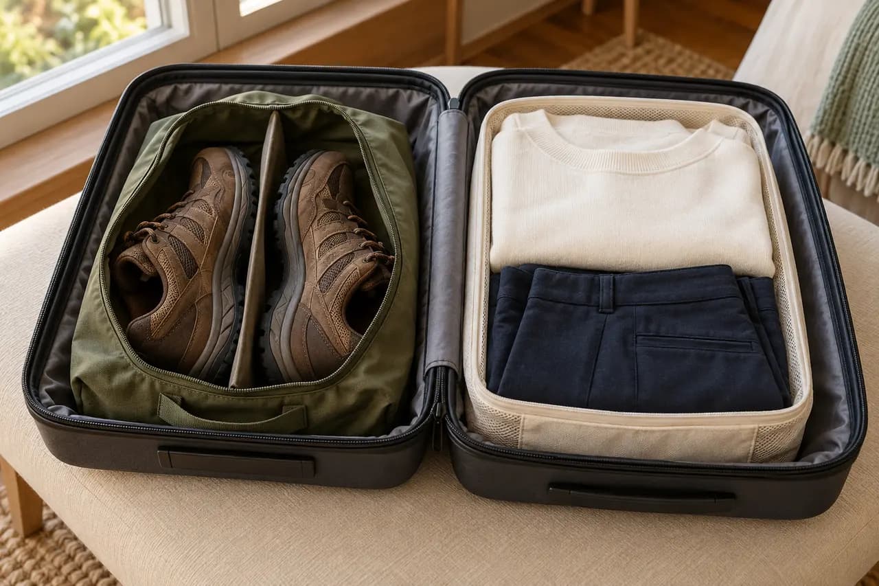 Imagined open suitcase with brown walking shoes contained apart from clean clothing in a cream organizer