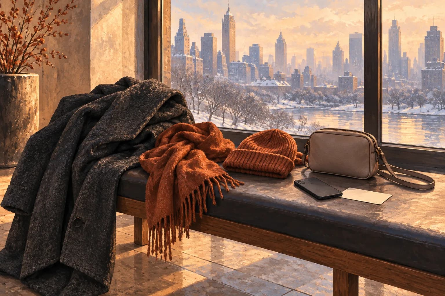 Conceptual coat, scarf, hat, generic crossbody, face-down phone and blank ticket card on a bench beside an imagined winter city window