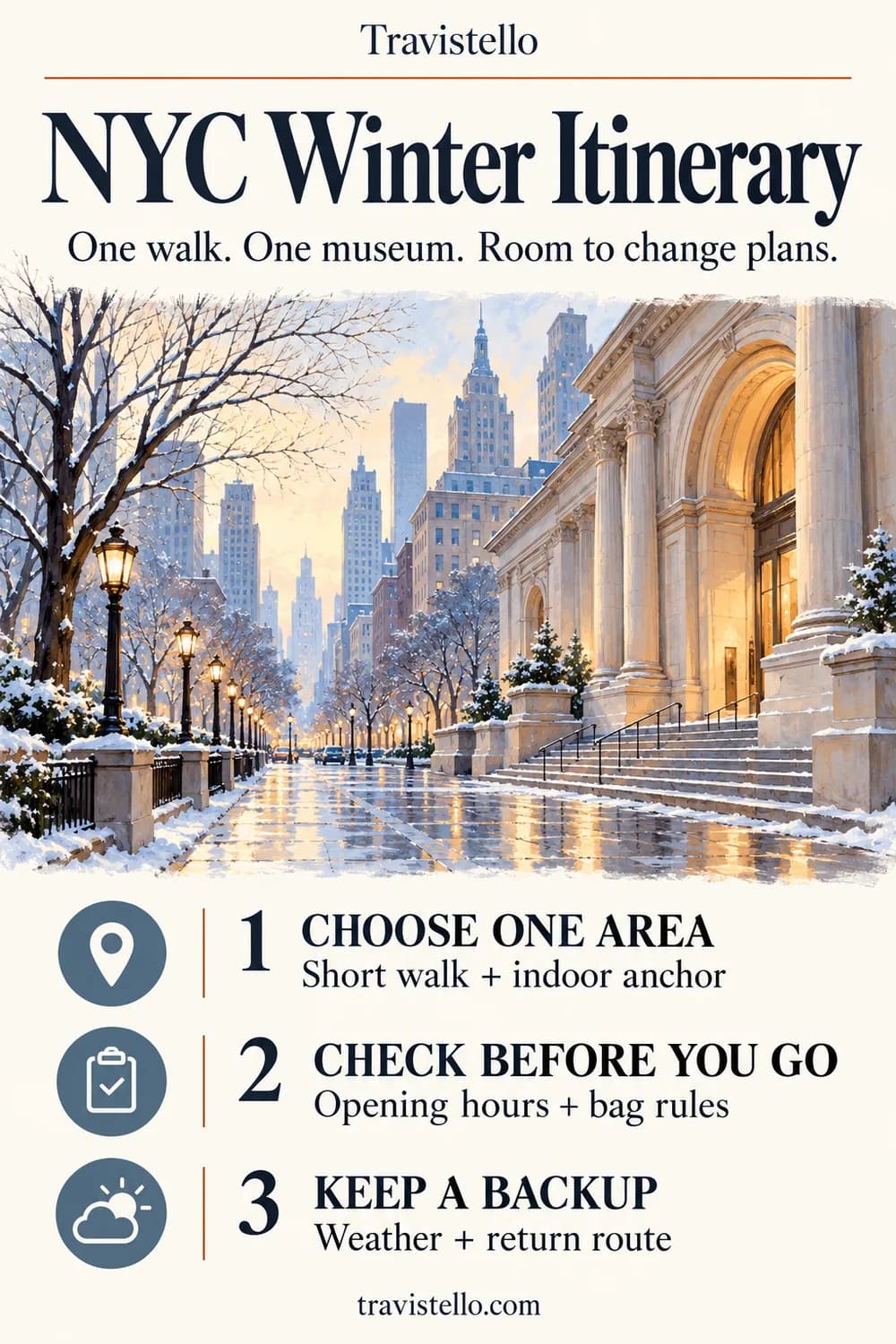 NYC winter itinerary checklist: choose one area, check museum opening hours and bag rules, and keep a weather backup