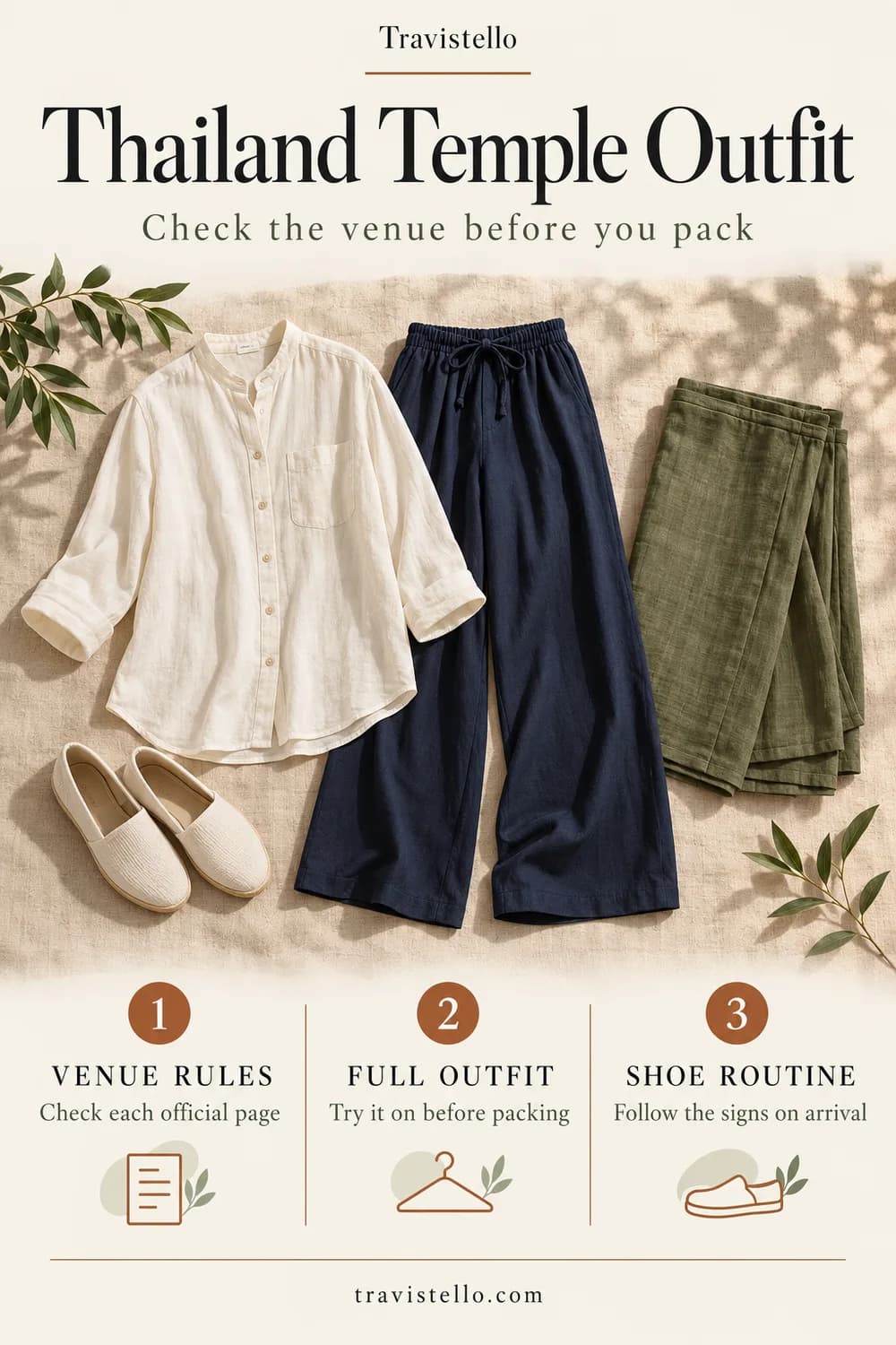 Thailand temple outfit planning checklist with generic sleeved shirt, loose trousers, folded long skirt and shoes: check venue rules, try the full outfit and follow the shoe routine