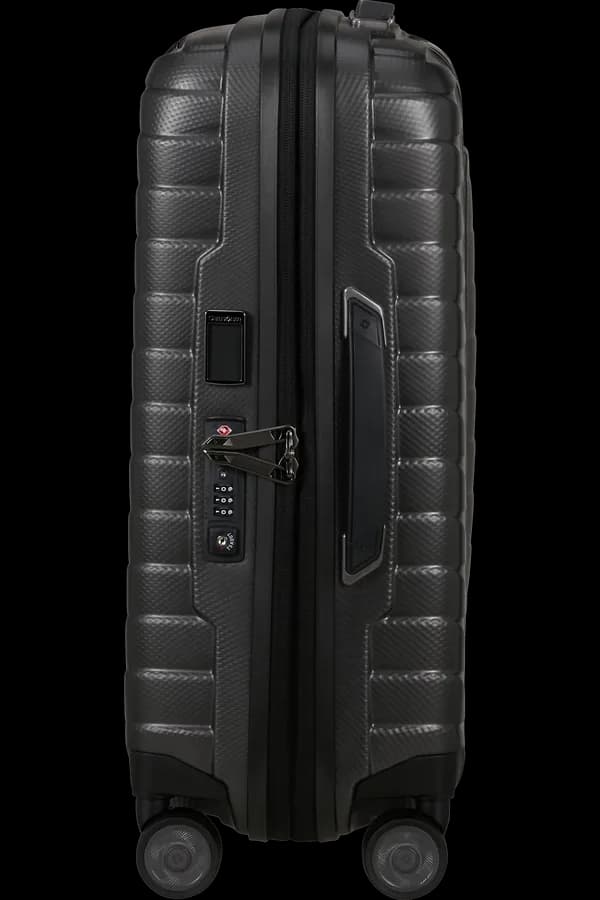 Official Samsonite Proxis 55 cm Matt Graphite side view showing the zips, side handle and integrated lock