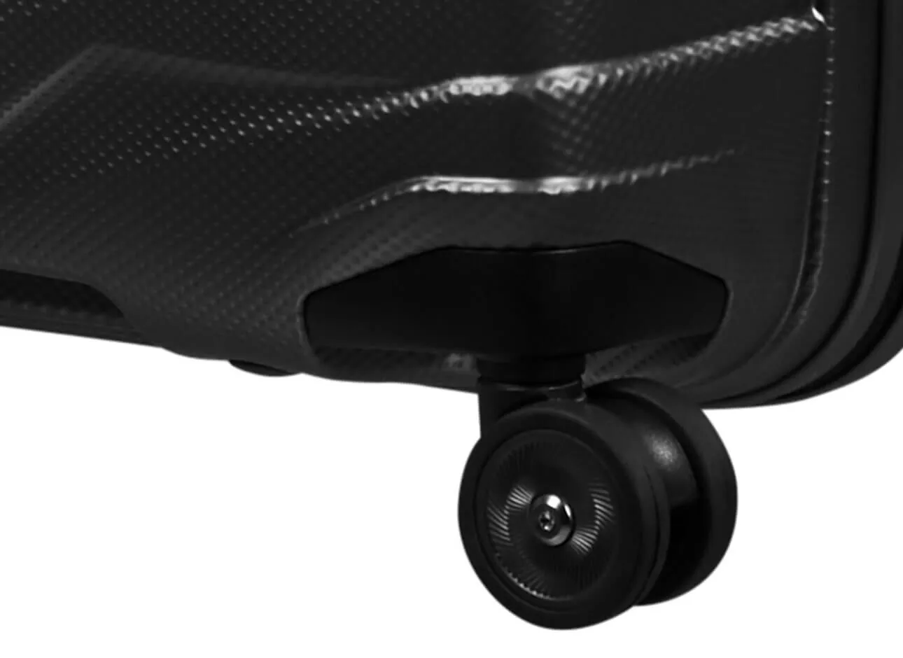 Official Samsonite Proxis Matt Graphite detail showing a double wheel and the lower shell